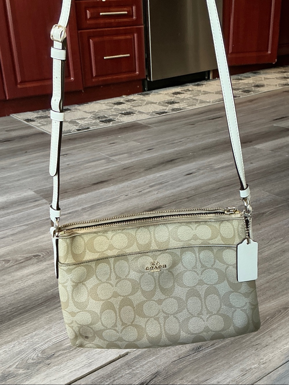 Coach Khaki and Chalk Signature Crossbody with White Strap 2017-2018